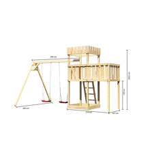 Spielturm mit Schaukel aus Holz mit Maßangaben