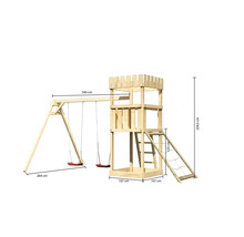 Spielturm mit Schaukel und Leiter aus Holz mit Maßangaben