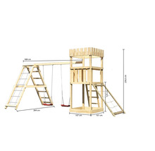 Spielturm mit Schaukel und Leiter mit Maßangaben