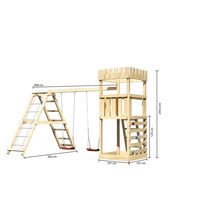 Spielturm mit Schaukel und Kletterwand aus Holz mit Maßangaben