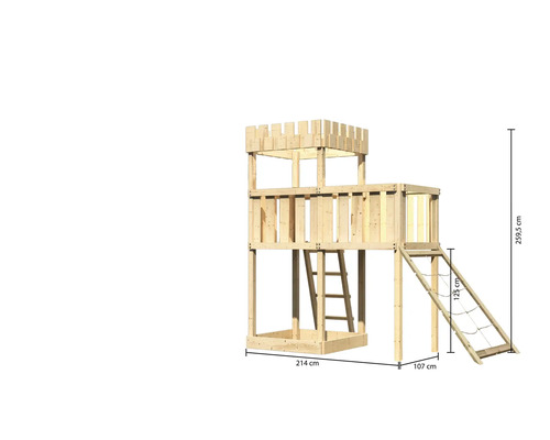 Tour de jeu en bois avec échelle et filet d''escalade avec dimensions