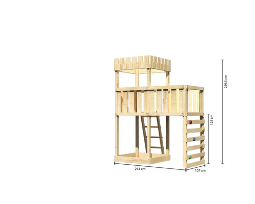 Tour de jeu en bois avec échelle et mur d''escalade, dimensions : 259,5 x 214 x 107 cm