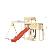 Spielturm mit Schaukel und Rutsche mit Maßangaben