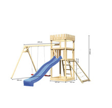 Spielturm aus Holz mit Schaukel, Rutsche, Leiter und Kletternetz