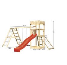 Spielturm aus Holz mit Schaukel, Rutsche und Kletterleiter mit den Maßen 308 x 264 x 259,5 cm