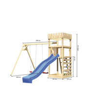 Spielturm aus Holz mit Schaukel und Rutsche mit Maßangaben