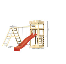 Spielturm aus Holz mit Rutsche, Schaukel und Kletterwand mit Maßangaben