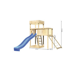 Tour de jeu en bois avec toboggan, échelle et filet d''escalade, les dimensions sont indiquées