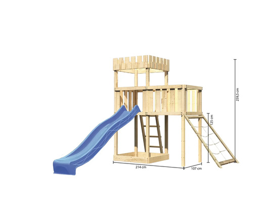 Tour de jeu en bois avec toboggan, échelle et filet d''escalade, les dimensions sont indiquées