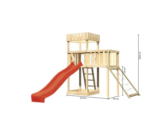 Tour de jeu en bois avec toboggan et filet d''escalade, dimensions : 214 cm x 107 cm x 259,5 cm