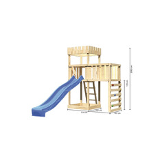 Spielturm aus Holz mit Rutsche, Leiter und Kletterwand mit Maßangaben