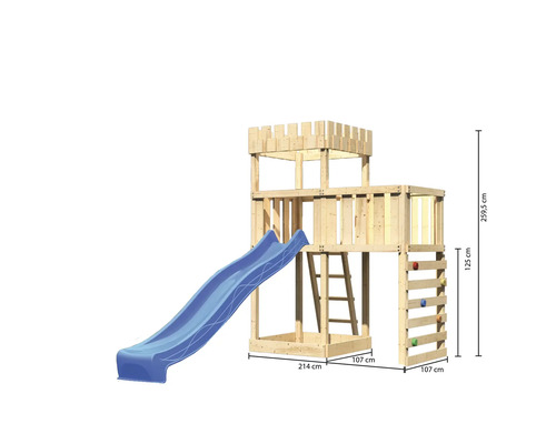 Tour de jeu en bois avec toboggan, échelle et mur d''escalade avec dimensions