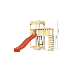 Spielturm aus Holz mit Rutsche, Leiter und Kletterwand mit Maßangaben