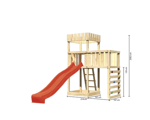Tour de jeu en bois avec toboggan, échelle et mur d''escalade avec dimensions