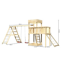 Holzspielturm mit Schaukel und Kletterwand, Abmessungen dargestellt