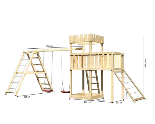 Holzspielturm mit Schaukel und Kletterwand, Abmessungen dargestellt