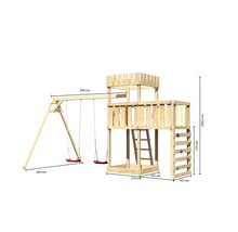 Holzspielturm mit Schaukel und Kletterwand mit Maßangaben