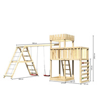 Spielturm aus Holz mit Schaukel, Kletterwand und Leiter