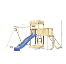 Aire de jeux en bois avec balançoire, toboggan, mur d''escalade et tour avec dimensions