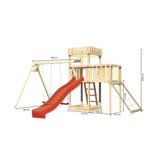 Spielturm mit Schaukel, Rutsche, Leiter und Kletternetz aus Holz