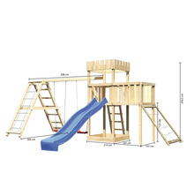 Spielturm mit Schaukel, Rutsche und Kletterwand aus Holz mit Maßangaben