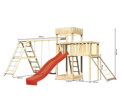 Holzspielplatz mit Schaukel, Rutsche und Kletterturm mit Abmessungen