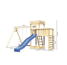 Spielplatz mit Schaukel, Rutsche, Leiter und Kletterwand aus Holz mit Größenangaben
