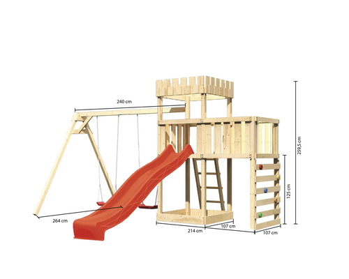 Tour de jeu avec balançoire, toboggan, mur d''escalade et échelle avec indications de taille
