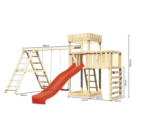 Spielturm mit Schaukel, Rutsche, Kletterwand und Turm