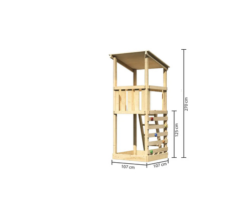 Tour de jeux en bois avec des dimensions de 270 cm de hauteur, 107 cm de largeur et 125 cm de hauteur d''escalade