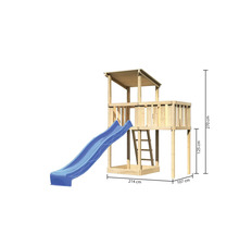 Holz Kinderspielturm mit Rutsche und Leiter, Abmessungen sichtbar