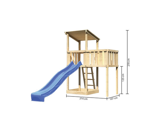 Tour de jeux en bois pour enfants avec toboggan et échelle, dimensions visibles