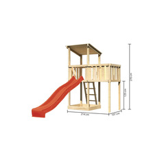 Spielturm aus Holz mit Rutsche und Leiter sowie Höhenangaben