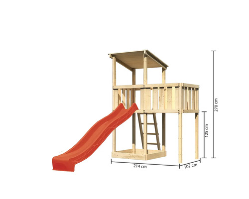 Tour de jeux en bois avec toboggan et échelle, avec indications de hauteur
