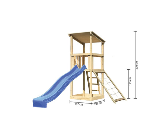 Tour de jeu en bois avec toboggan et échelle, dimensions 270 x 107 centimètres
