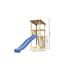 Spielturm aus Holz mit blauer Rutsche und Abmessungen