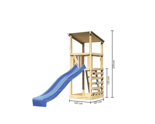 Tour de jeux en bois avec toboggan bleu et dimensions