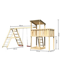 Spielturm aus Holz mit Schaukel und Klettergerüst inklusive Maßangaben