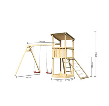 Spielturm mit Schaukel und Leiter, Abmessungen sind dargestellt