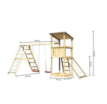 Spielturm aus Holz mit Schaukel und Leiter inklusive Maßangaben