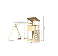 Spielturm aus Holz mit Schaukel und Kletterwand mit Maßangaben