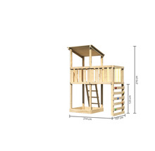 Spielturm aus Holz mit Leiter und Kletterwand sowie Höhenangaben