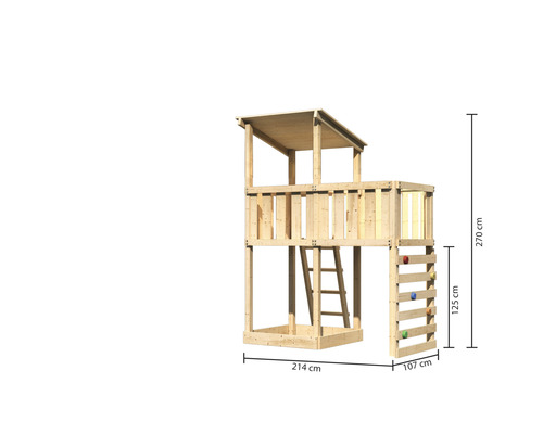 Tour de jeux en bois avec échelle et mur d''escalade et indications de hauteur