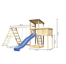 Spielplatz mit Rutsche, Schaukel und Klettergerüst aus Holz mit Maßangaben