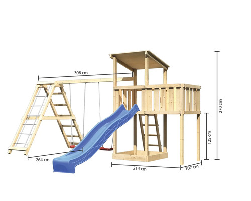 Aire de jeux avec toboggan, balançoire et structure d''escalade en bois avec dimensions