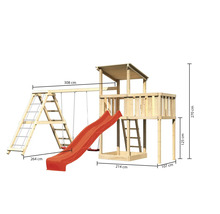 Holzspielturm mit Schaukel, Rutsche und Kletterwand mit Größenangaben