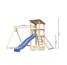 Spielturm mit Schaukel, Rutsche, Leiter und Sandkasten mit Größenangaben