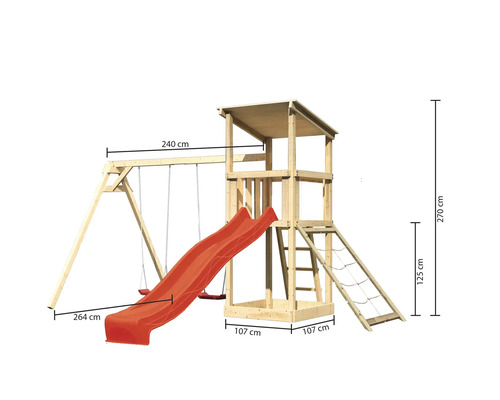 Tour de jeu en bois avec balançoire et toboggan mesurant 270 x 240 x 264 cm
