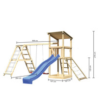 Spielturm mit Schaukel, Rutsche, Sandkasten und Leiter aus Holz mit Maßangaben