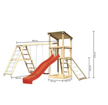 Spielturm mit Schaukel, Rutsche, Kletterwand und Sandkasten mit Maßangaben